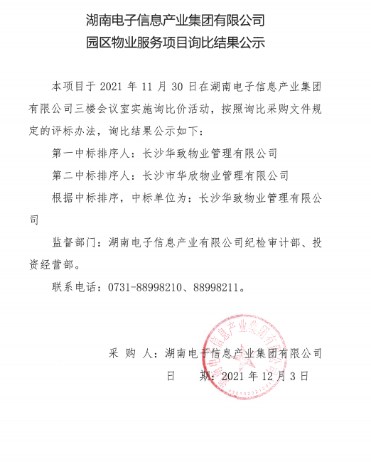 华体育会app下载（中国）有限公司官网园区物业服务项目询比结果公示
